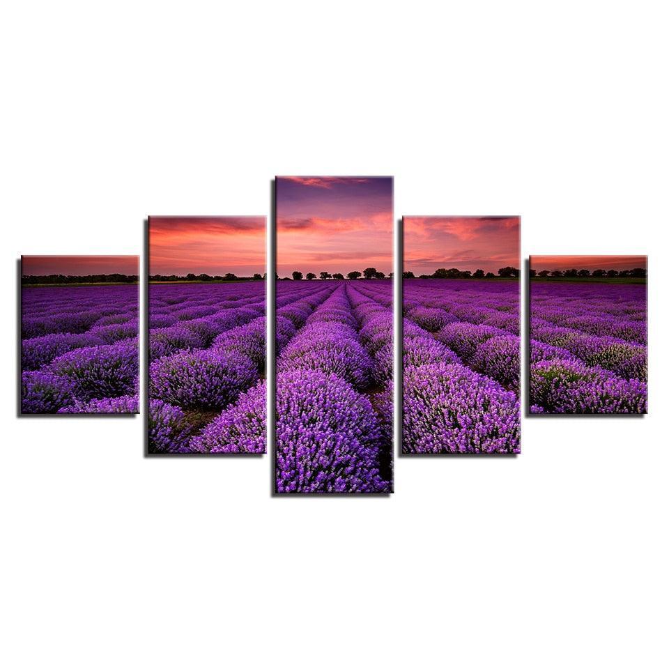 Lavender Fields At Sunset 5 Piece HD Multi Panel Canvas Wall Art Frame-Original Frame
