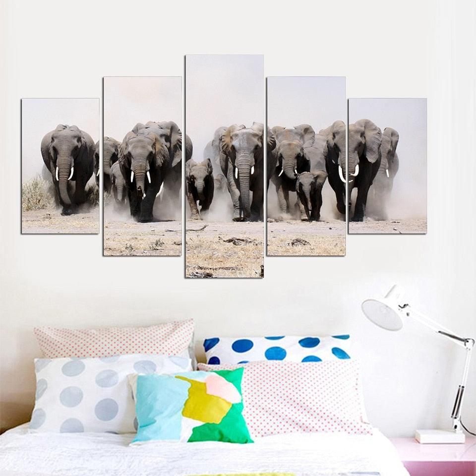 Elephants 5 Piece HD Multi Panel Canvas Wall Art Frame-Original Frame
