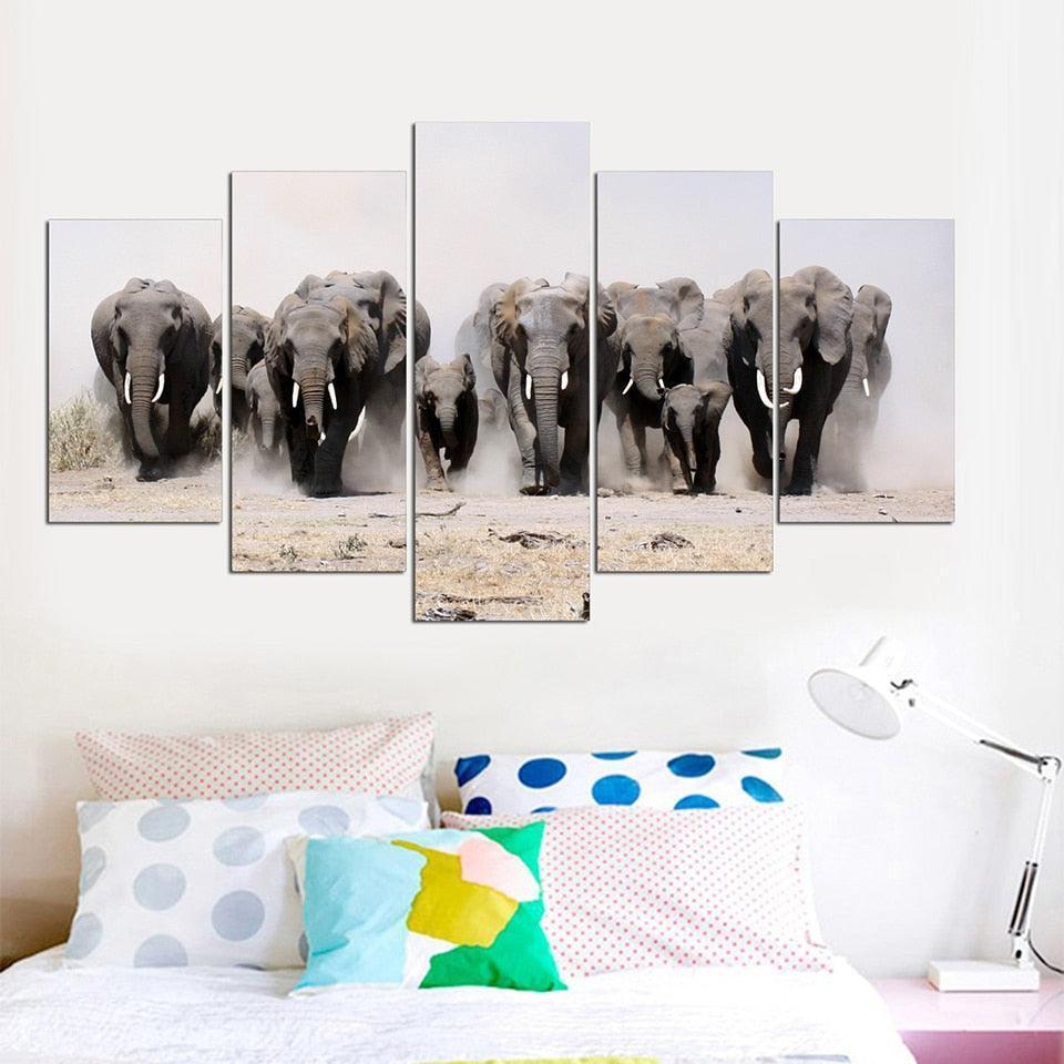 Elephants 5 Piece HD Multi Panel Canvas Wall Art Frame-Original Frame
