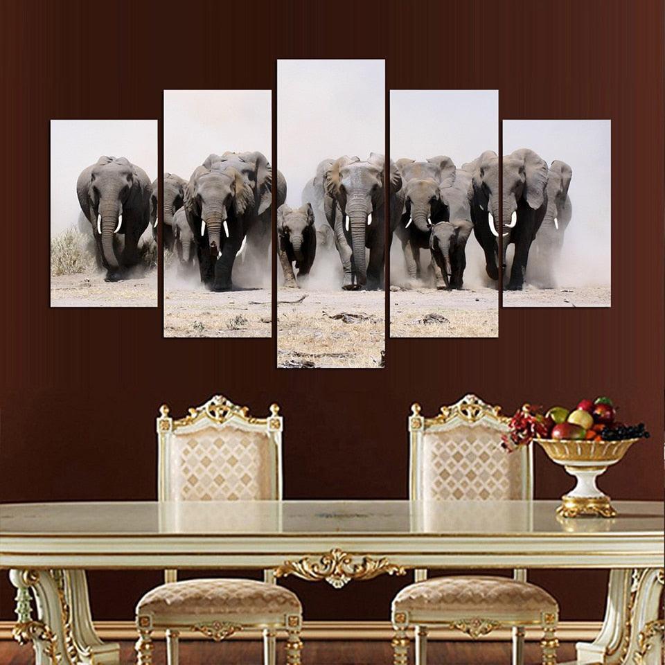 Elephants 5 Piece HD Multi Panel Canvas Wall Art Frame-Original Frame