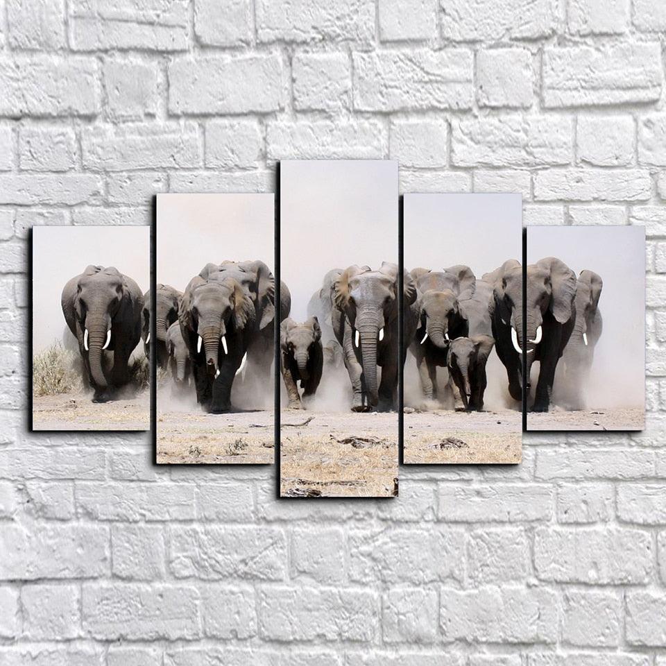 Elephants 5 Piece HD Multi Panel Canvas Wall Art Frame-Original Frame