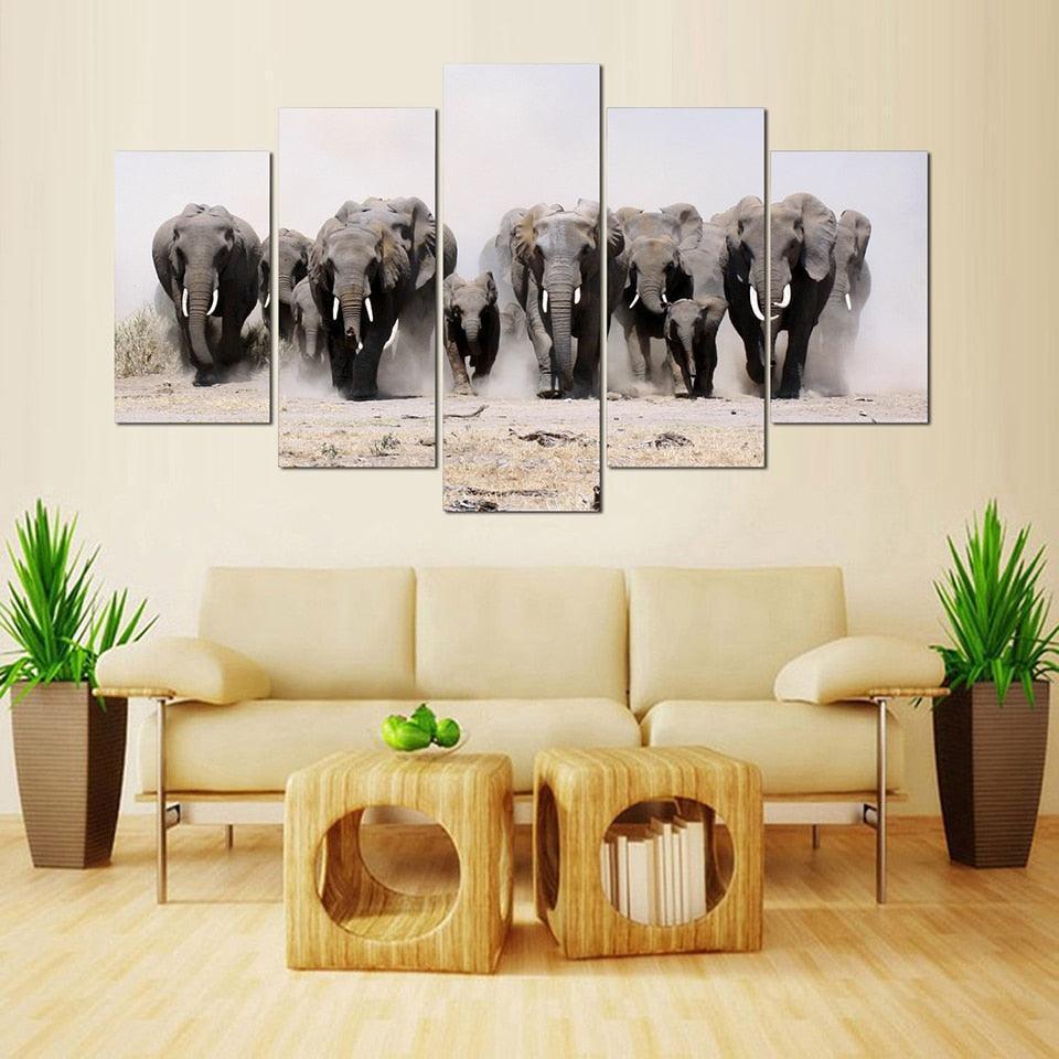 Elephants 5 Piece HD Multi Panel Canvas Wall Art Frame-Original Frame