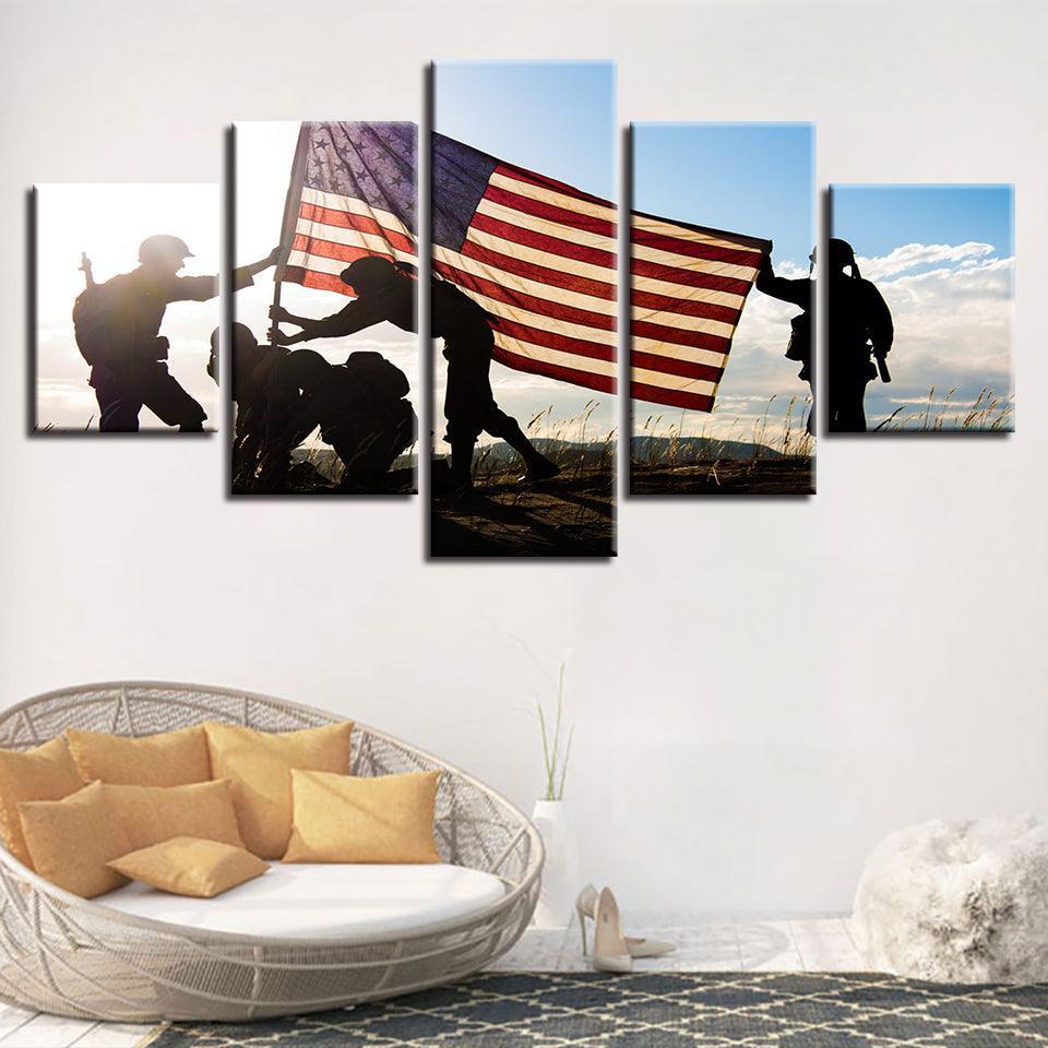 American Flag & Soldiers 5 Piece HD Multi Panel Canvas Wall Art Frame-Original Frame