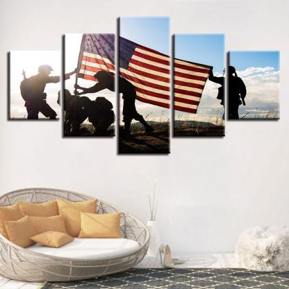 American Flag & Soldiers 5 Piece HD Multi Panel Canvas Wall Art Frame-Original Frame