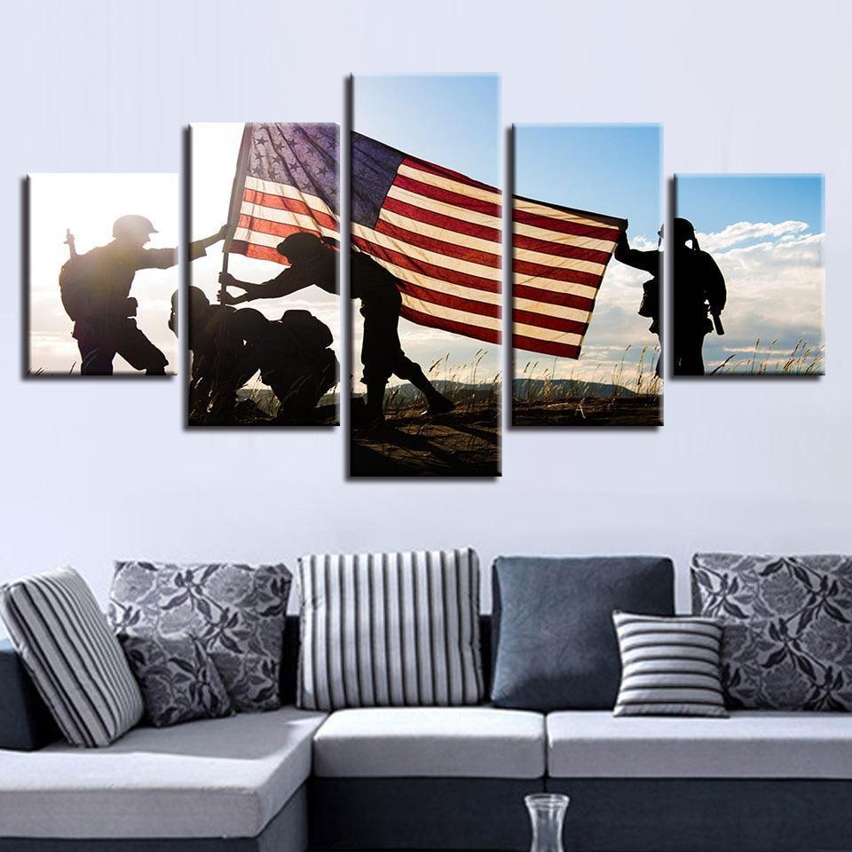 American Flag & Soldiers 5 Piece HD Multi Panel Canvas Wall Art Frame-Original Frame