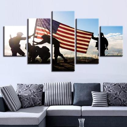 American Flag & Soldiers 5 Piece HD Multi Panel Canvas Wall Art Frame-Original Frame