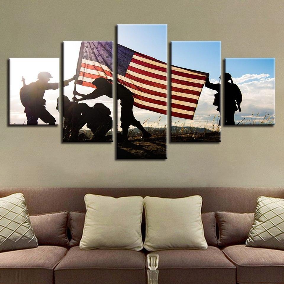 American Flag & Soldiers 5 Piece HD Multi Panel Canvas Wall Art Frame-Original Frame