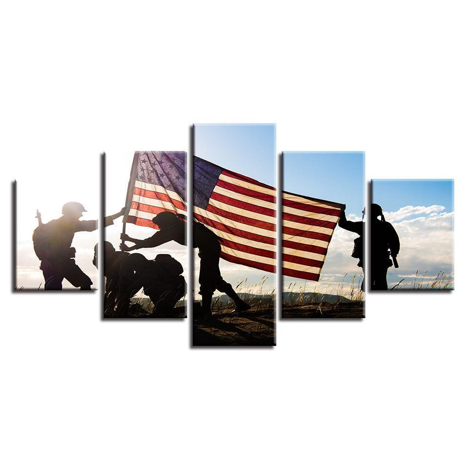 American Flag & Soldiers 5 Piece HD Multi Panel Canvas Wall Art Frame-Original Frame