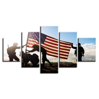 American Flag & Soldiers 5 Piece HD Multi Panel Canvas Wall Art Frame-Original Frame