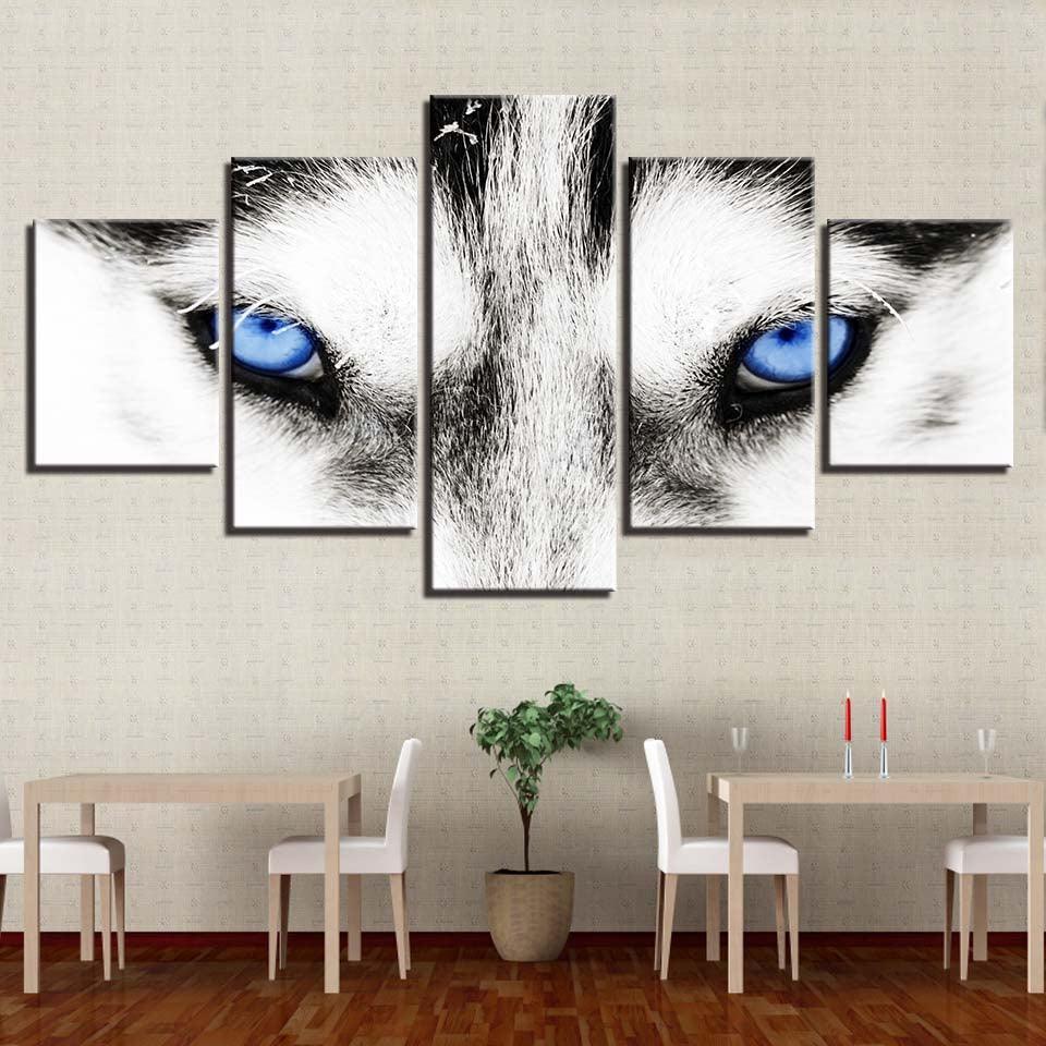 Wolf's Blue Eyes 5 Piece HD Multi Panel Canvas Wall Art Frame-Original Frame