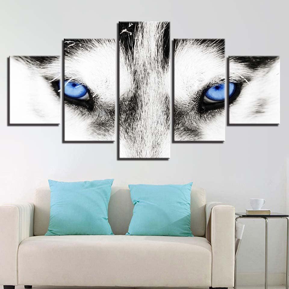 Wolf's Blue Eyes 5 Piece HD Multi Panel Canvas Wall Art Frame-Original Frame