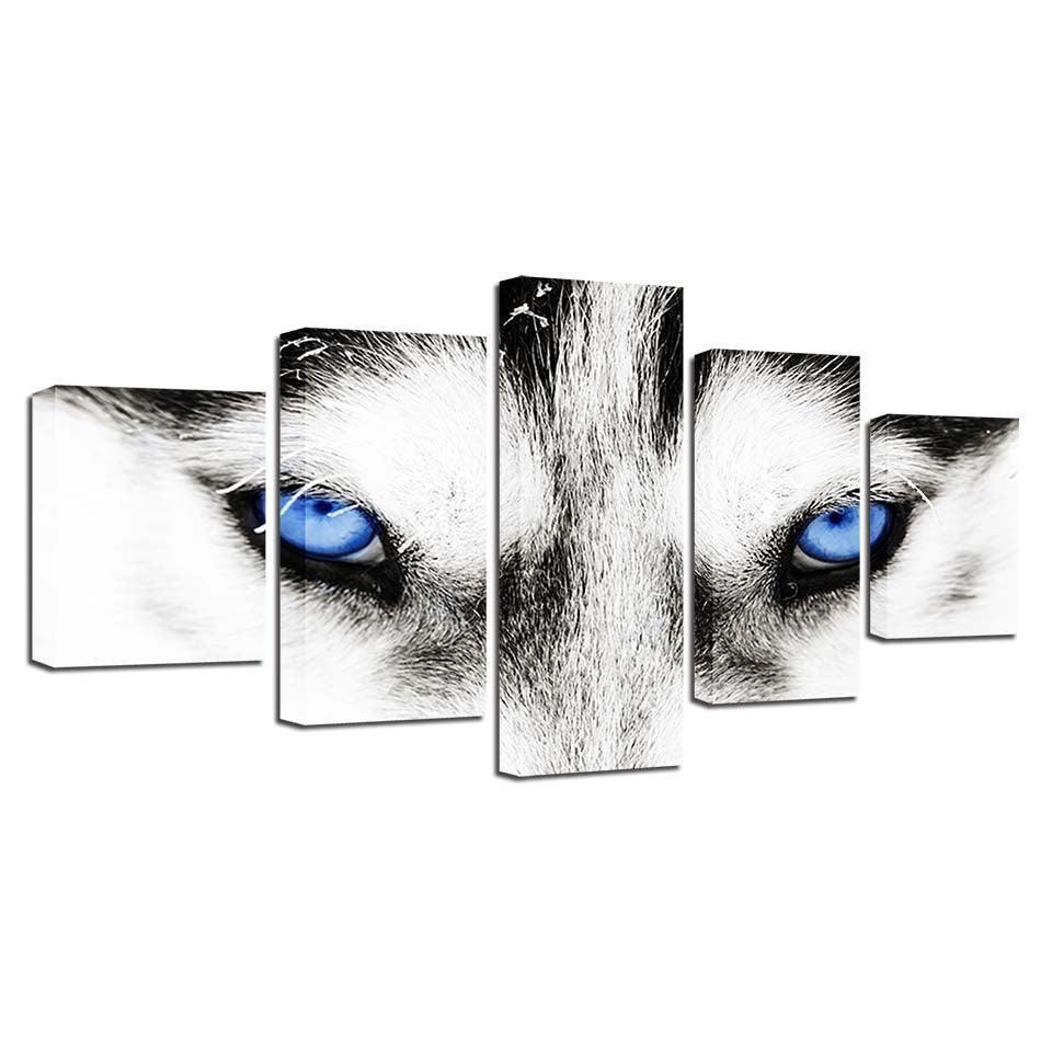 Wolf's Blue Eyes 5 Piece HD Multi Panel Canvas Wall Art Frame-Original Frame