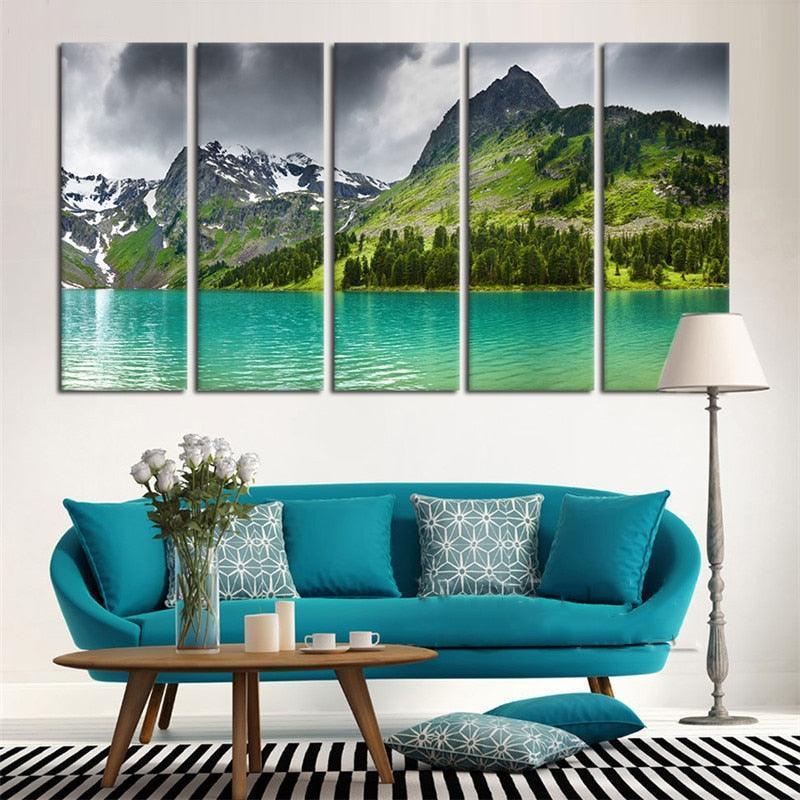 New Zealand Mountain Lake 5 Piece HD Multi Panel Canvas Wall Art Frame-Original Frame
