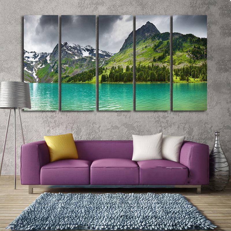 New Zealand Mountain Lake 5 Piece HD Multi Panel Canvas Wall Art Frame-Original Frame