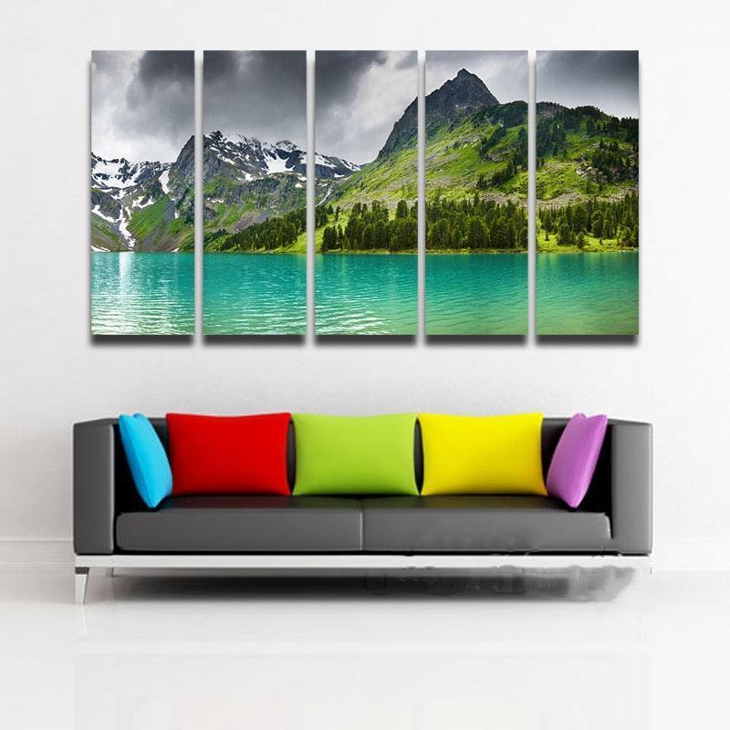 New Zealand Mountain Lake 5 Piece HD Multi Panel Canvas Wall Art Frame-Original Frame