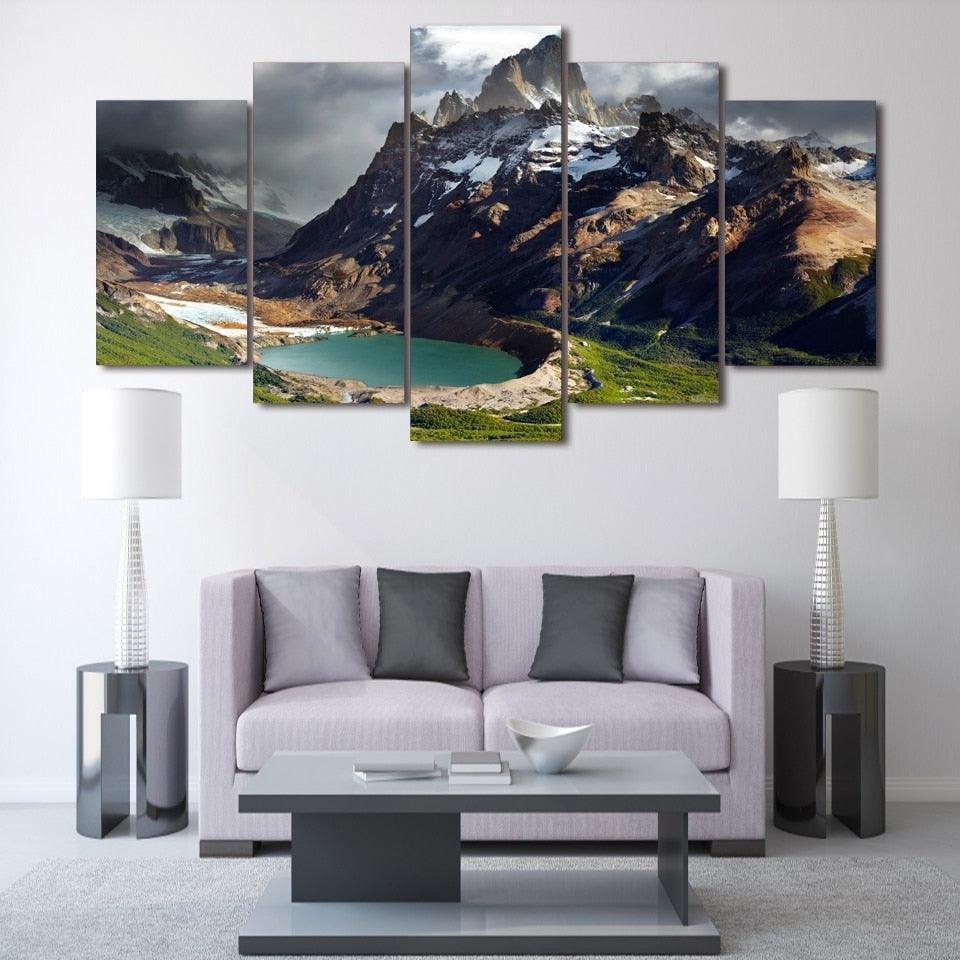 Mountain And Lake 5 Piece HD Multi Panel Canvas Wall Art Frame-Original Frame