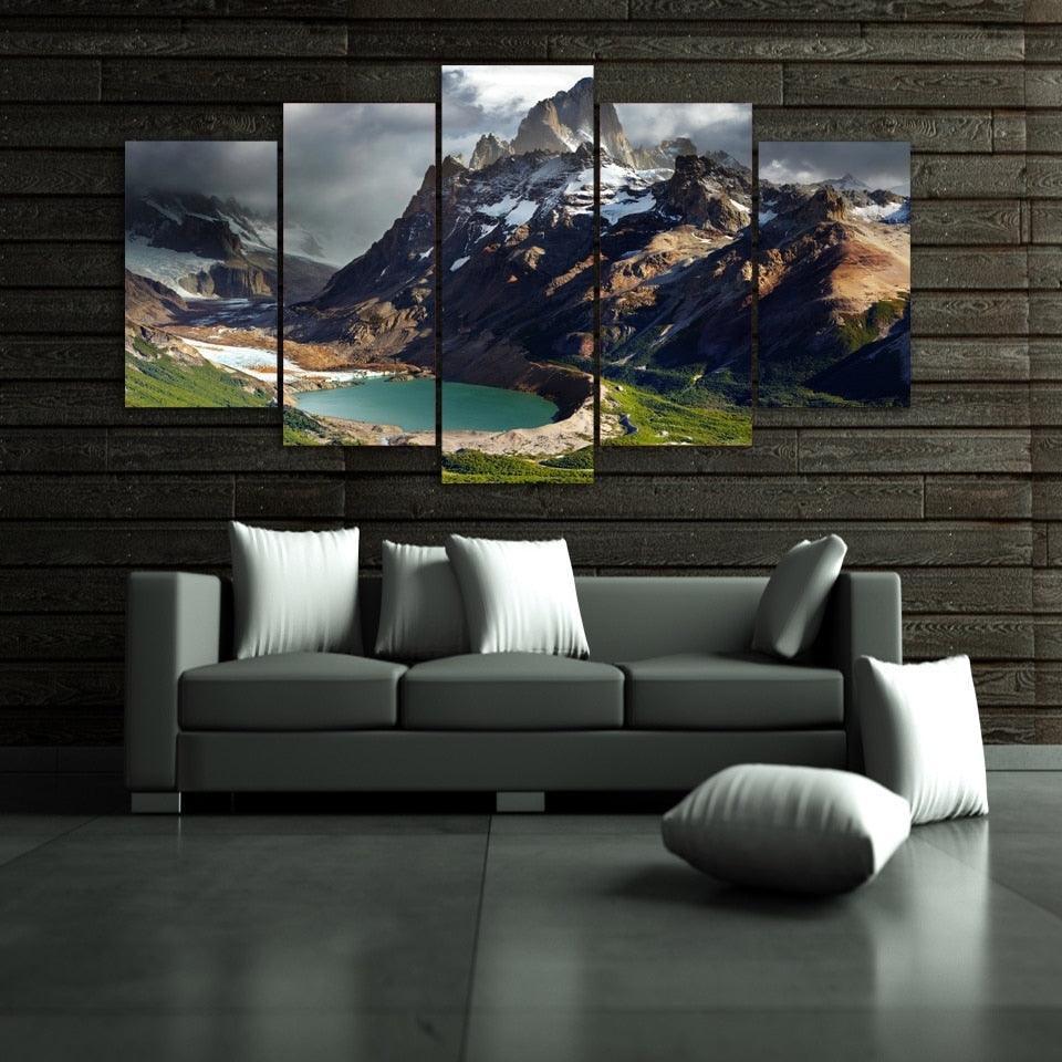 Mountain And Lake 5 Piece HD Multi Panel Canvas Wall Art Frame-Original Frame
