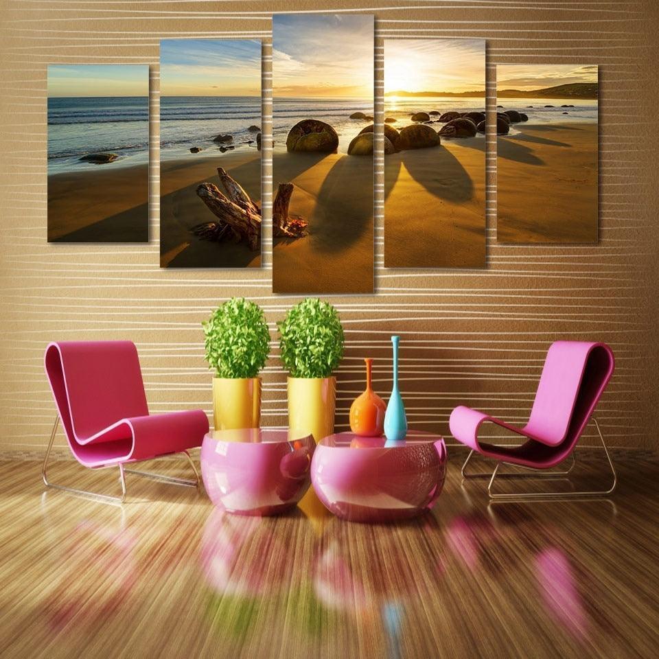 Reef Stone Sunrise Seascape 5 Piece HD Multi Panel Canvas Wall Art Frame-Original Frame