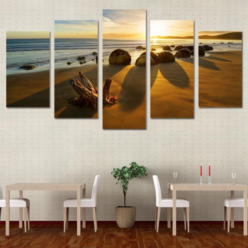 Reef Stone Sunrise Seascape 5 Piece HD Multi Panel Canvas Wall Art Frame-Original Frame