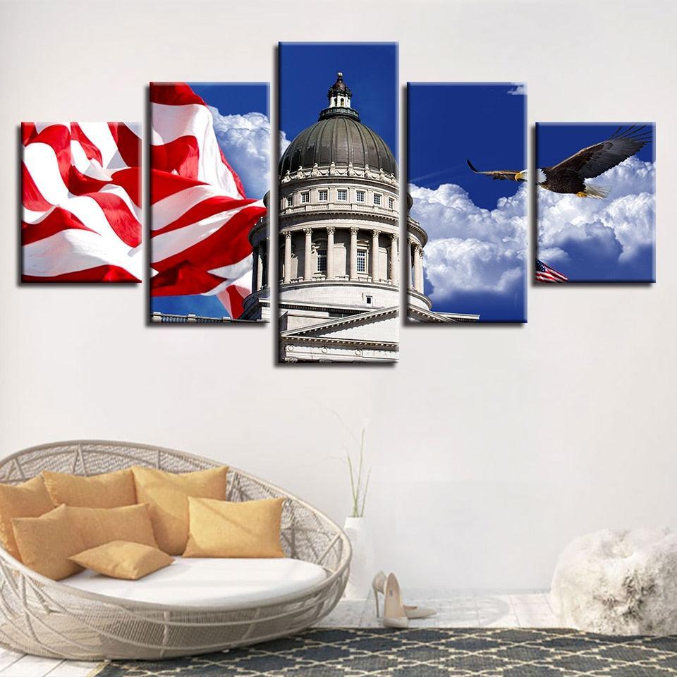 White House And Flag 5 Piece HD Multi Panel Canvas Wall Art Frame-Original Frame