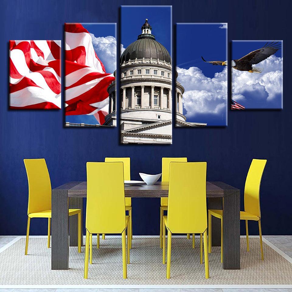 White House And Flag 5 Piece HD Multi Panel Canvas Wall Art Frame-Original Frame