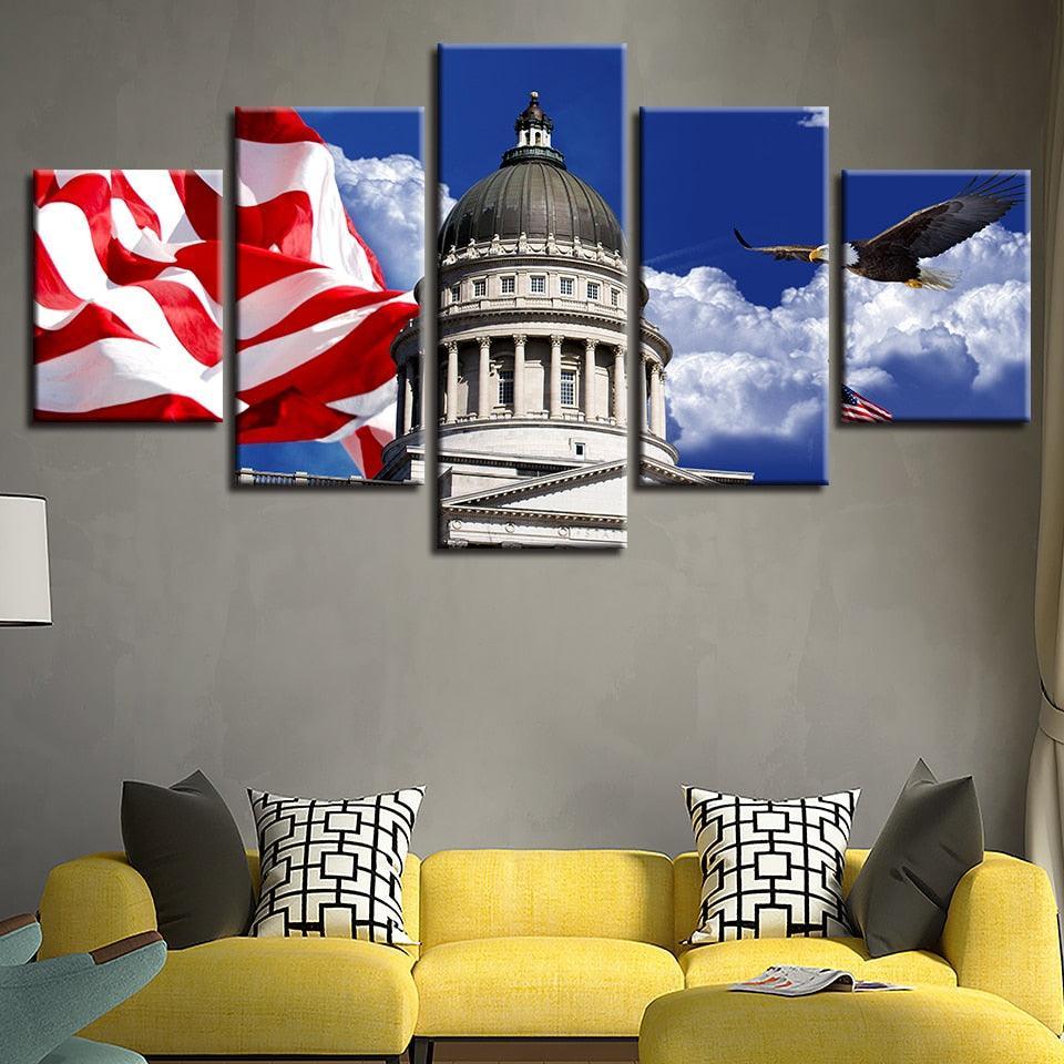 White House And Flag 5 Piece HD Multi Panel Canvas Wall Art Frame-Original Frame