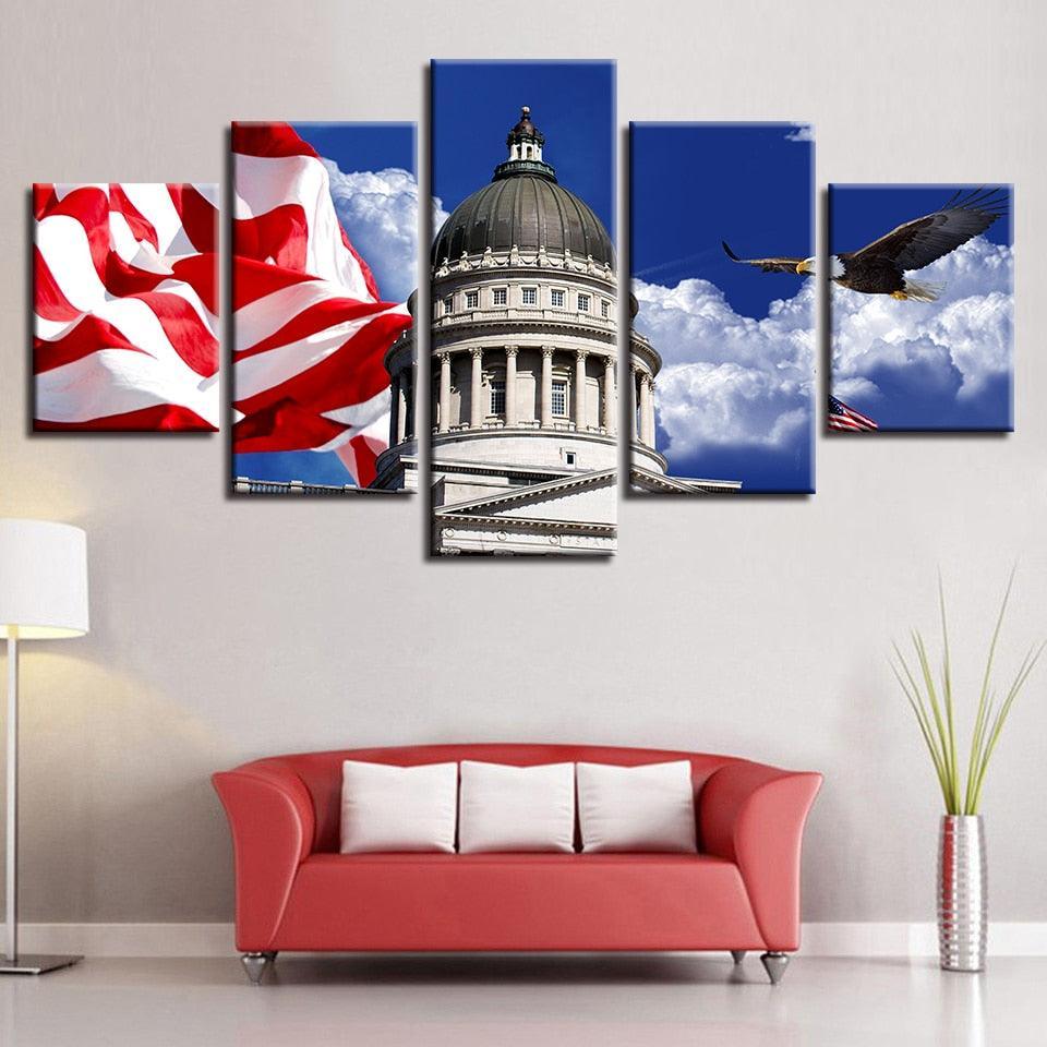 White House And Flag 5 Piece HD Multi Panel Canvas Wall Art Frame-Original Frame