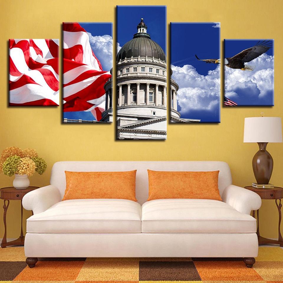 White House And Flag 5 Piece HD Multi Panel Canvas Wall Art Frame-Original Frame