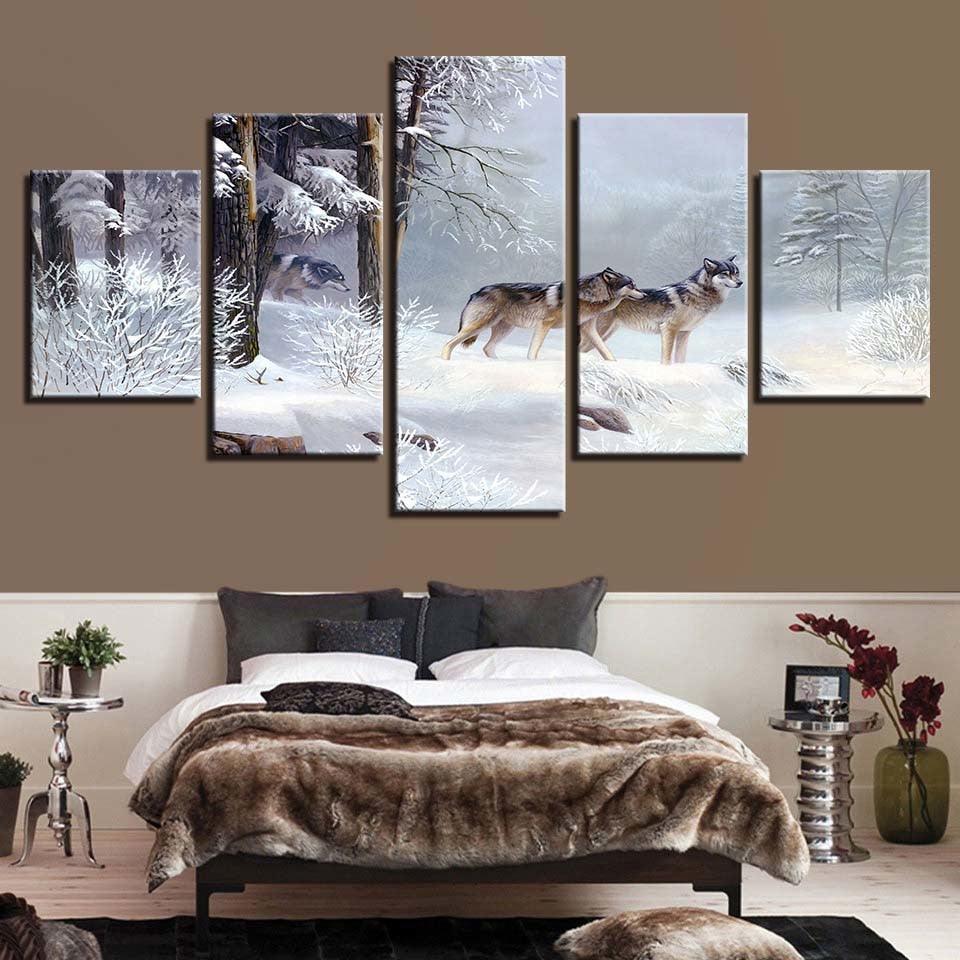Wolf Snow 5 Piece HD Multi Panel Canvas Wall Art Frame-Original Frame