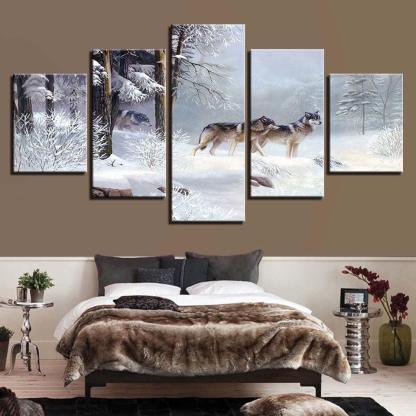 Wolf Snow 5 Piece HD Multi Panel Canvas Wall Art Frame-Original Frame