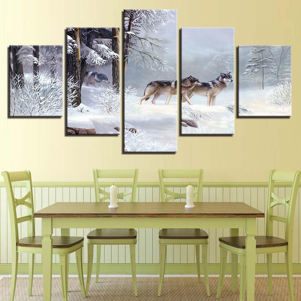 Wolf Snow 5 Piece HD Multi Panel Canvas Wall Art Frame-Original Frame