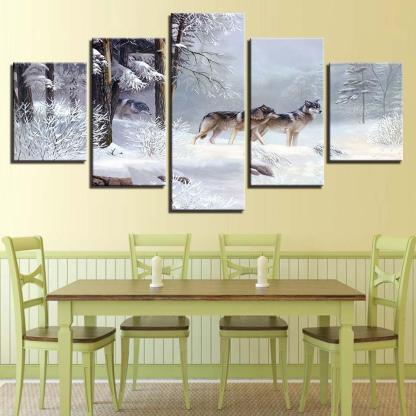 Wolf Snow 5 Piece HD Multi Panel Canvas Wall Art Frame-Original Frame