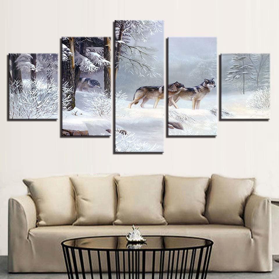 Wolf Snow 5 Piece HD Multi Panel Canvas Wall Art Frame-Original Frame