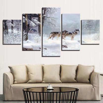 Wolf Snow 5 Piece HD Multi Panel Canvas Wall Art Frame-Original Frame