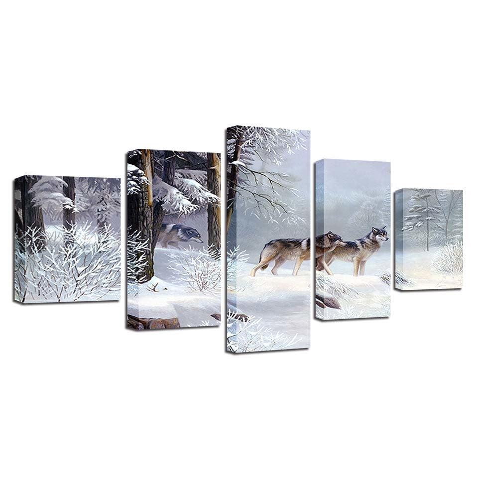 Wolf Snow 5 Piece HD Multi Panel Canvas Wall Art Frame-Original Frame