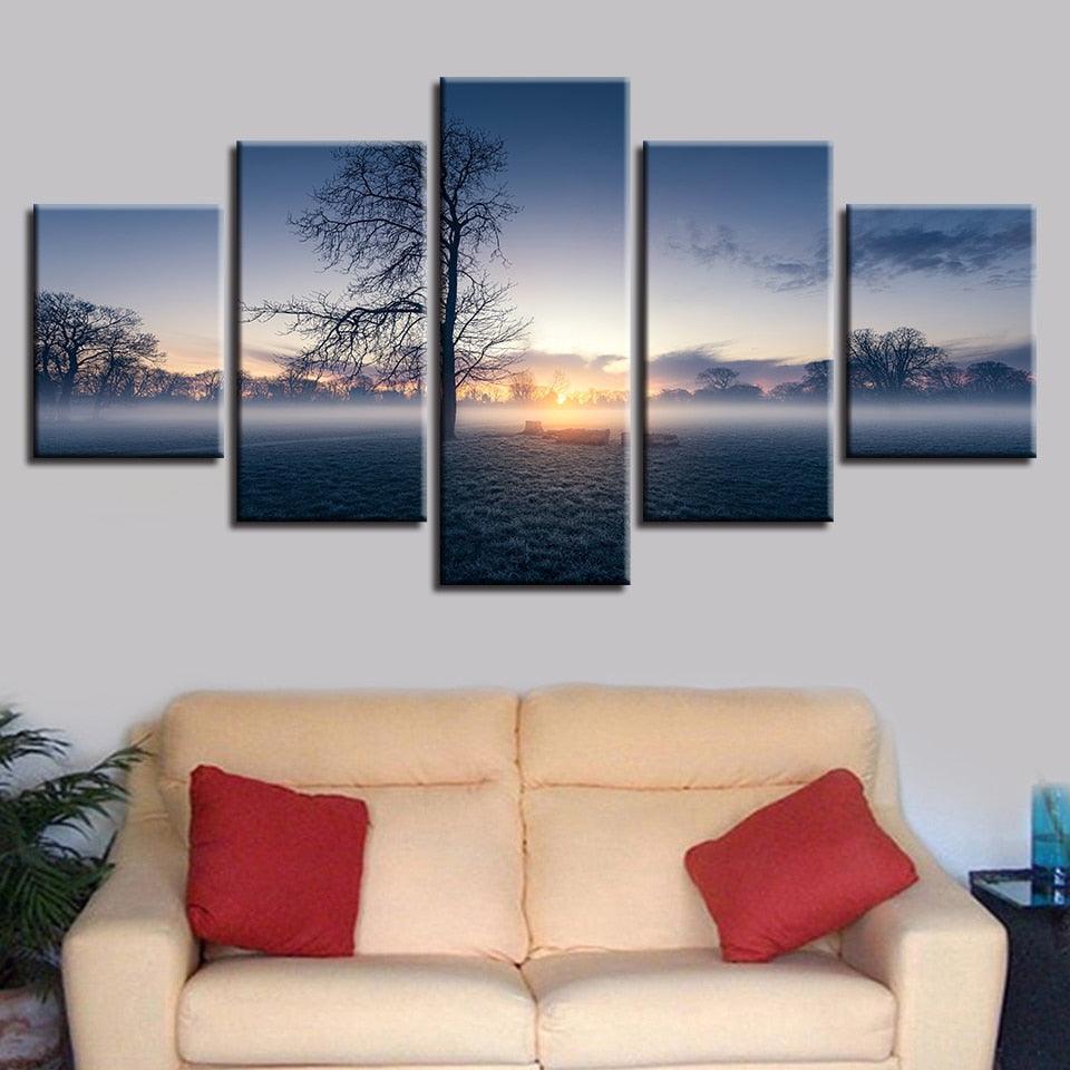 Misty Morning Tree 5 Piece HD Multi Panel Canvas Wall Art Frame-Original Frame