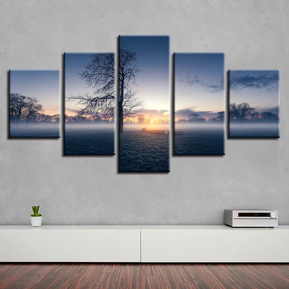 Misty Morning Tree 5 Piece HD Multi Panel Canvas Wall Art Frame-Original Frame