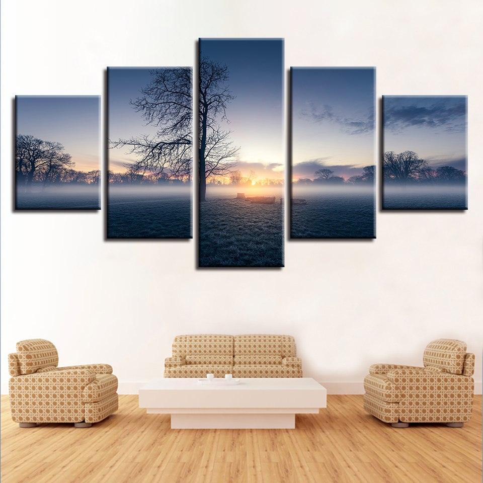 Misty Morning Tree 5 Piece HD Multi Panel Canvas Wall Art Frame-Original Frame