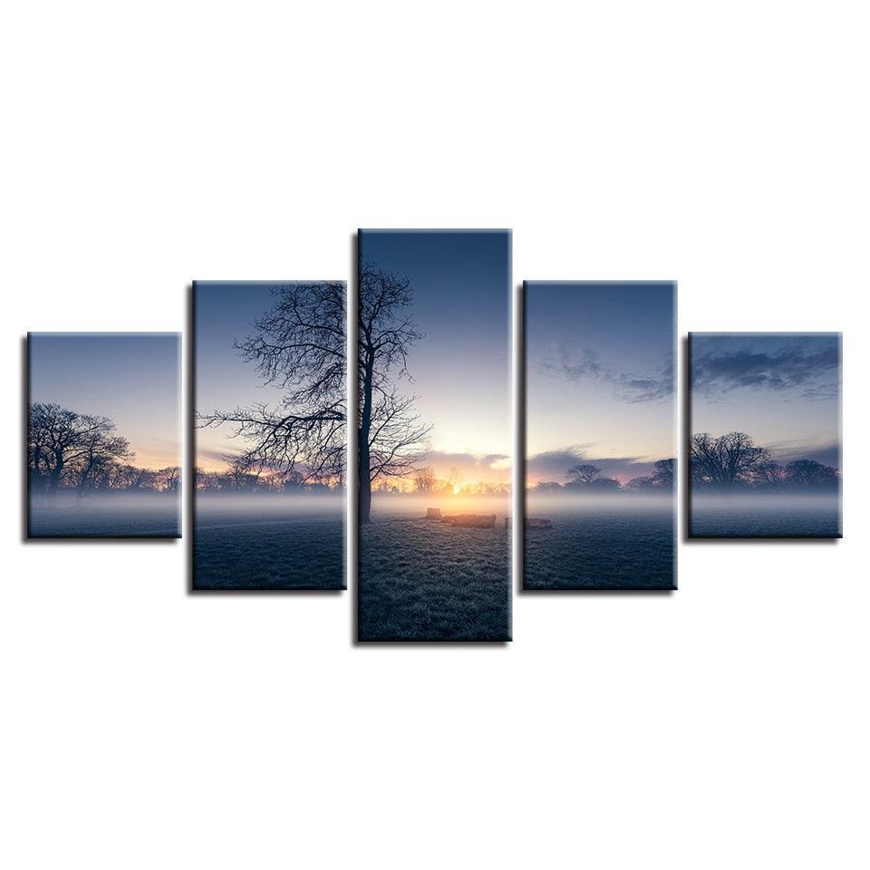 Misty Morning Tree 5 Piece HD Multi Panel Canvas Wall Art Frame-Original Frame