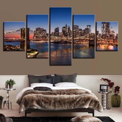 Buildings Night Scene 5 Piece HD Multi Panel Canvas Wall Art Frame-Original Frame
