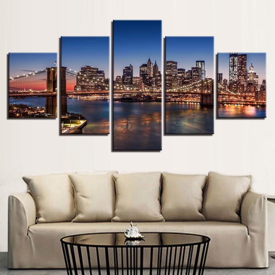 Buildings Night Scene 5 Piece HD Multi Panel Canvas Wall Art Frame-Original Frame