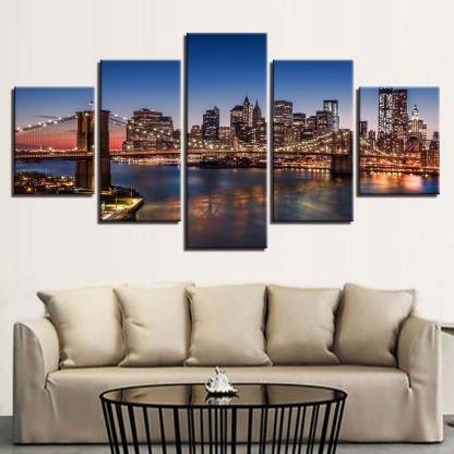 Buildings Night Scene 5 Piece HD Multi Panel Canvas Wall Art Frame-Original Frame