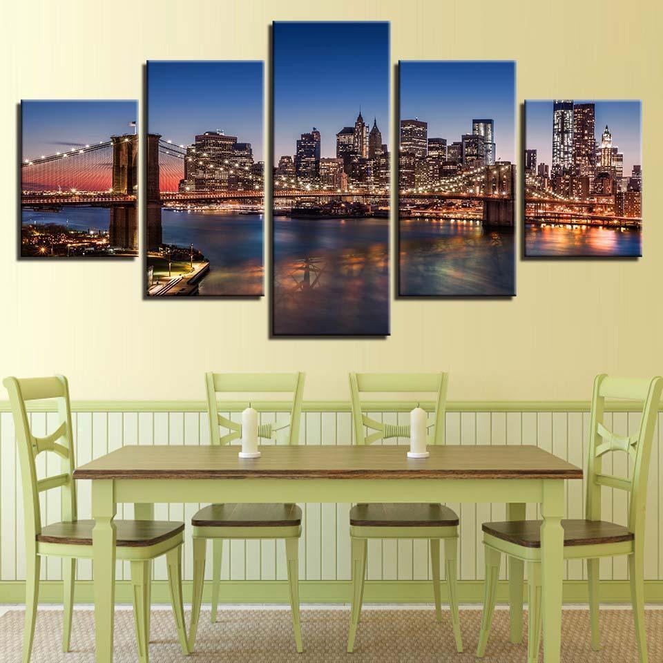 Buildings Night Scene 5 Piece HD Multi Panel Canvas Wall Art Frame-Original Frame