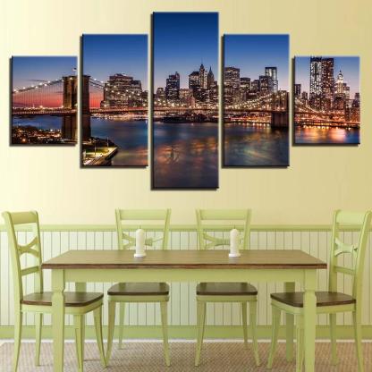 Buildings Night Scene 5 Piece HD Multi Panel Canvas Wall Art Frame-Original Frame