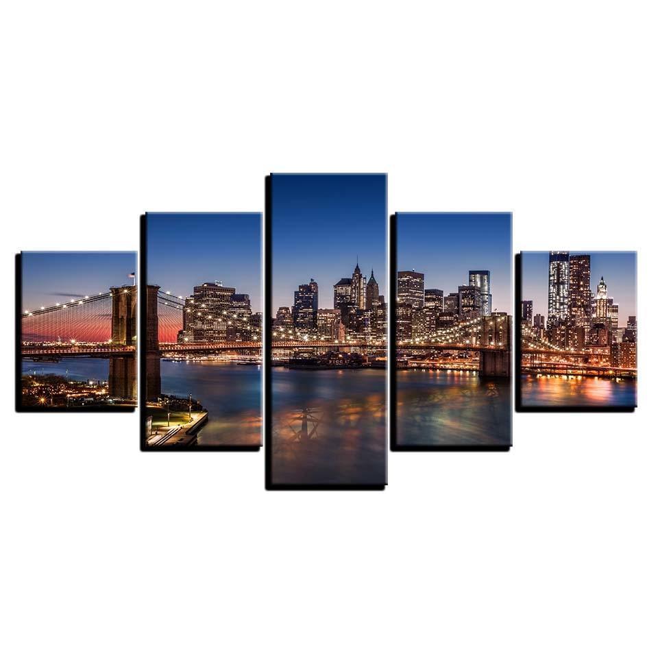 Buildings Night Scene 5 Piece HD Multi Panel Canvas Wall Art Frame-Original Frame