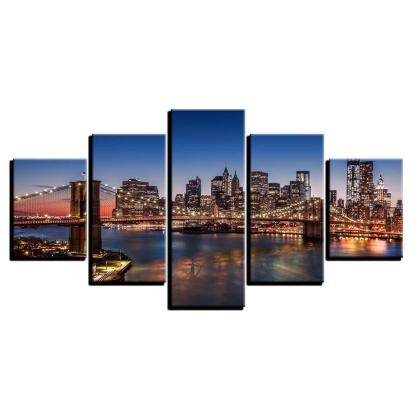 Buildings Night Scene 5 Piece HD Multi Panel Canvas Wall Art Frame-Original Frame