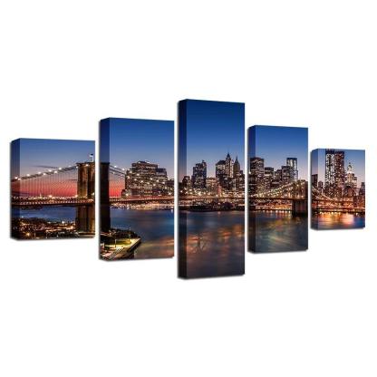 Buildings Night Scene 5 Piece HD Multi Panel Canvas Wall Art Frame-Original Frame