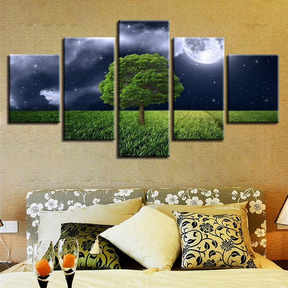 Moon Green Tree Landscape 5 Piece HD Multi Panel Canvas Wall Art Frame-Original Frame