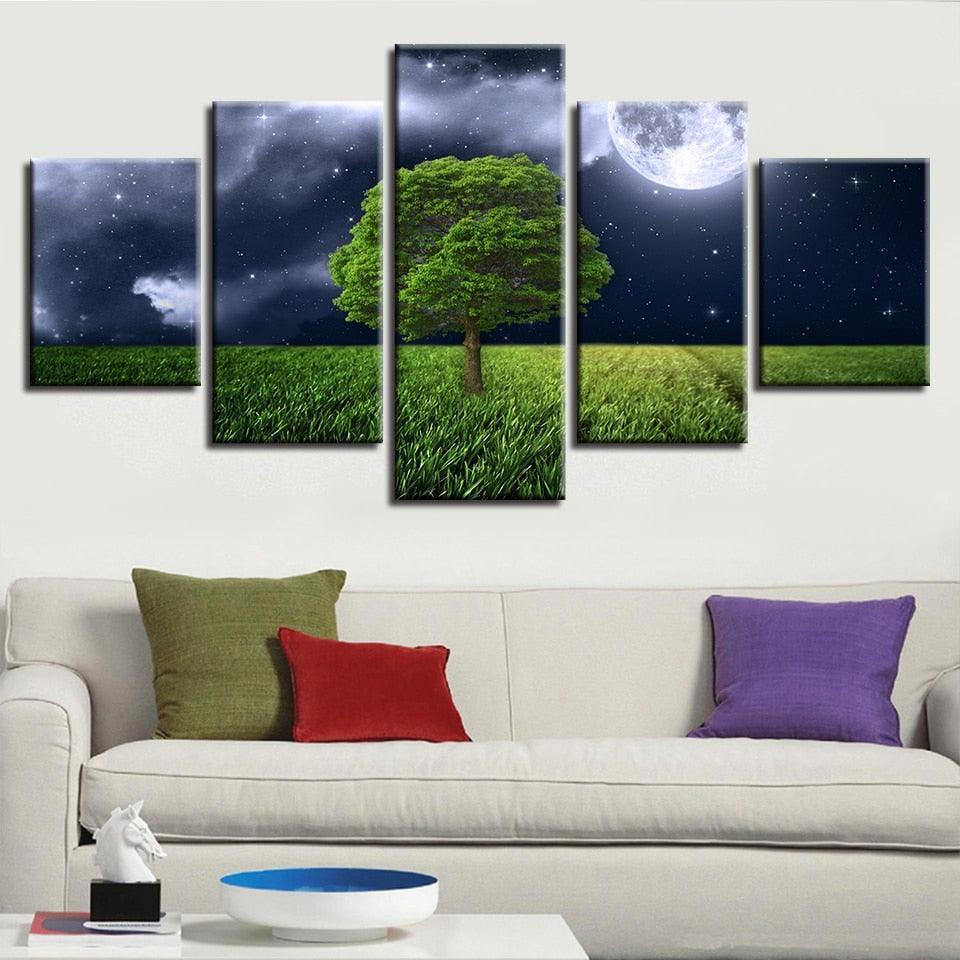 Moon Green Tree Landscape 5 Piece HD Multi Panel Canvas Wall Art Frame-Original Frame