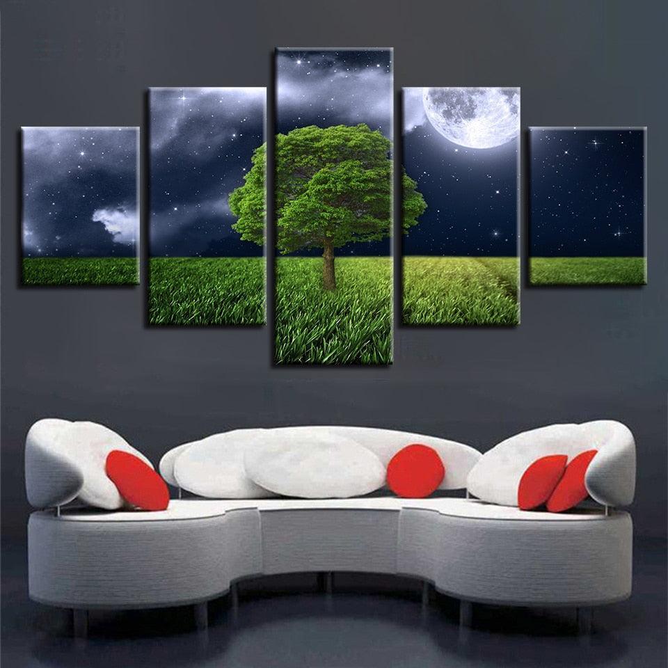 Moon Green Tree Landscape 5 Piece HD Multi Panel Canvas Wall Art Frame-Original Frame